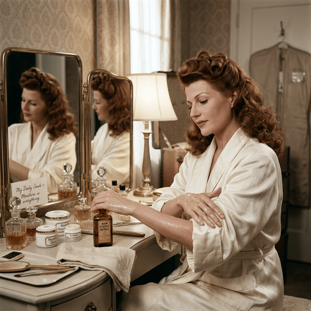 Woman moisturizing her arms beside a vanity with sign reading “My Daily Soak—Moisturize my everything.”