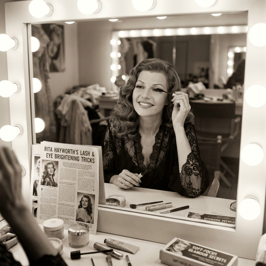 Woman applying mascara at a lighted vanity beside text reading “RITA HAYWORTH’S LASH & EYE BRIGHTENING TRICKS” and “SOFT-FOCUS GLAMOUR SECRETS”
