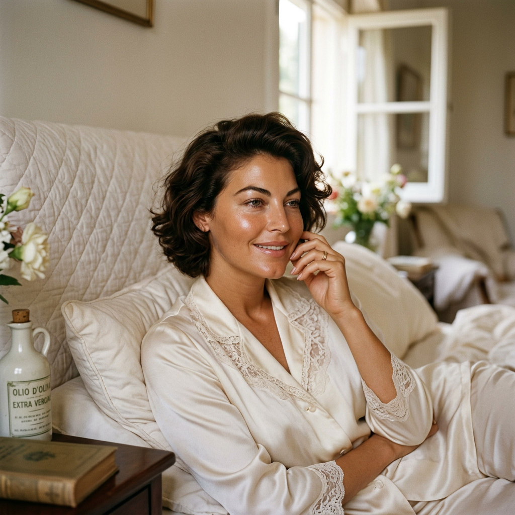 Woman in a white robe relaxing in bed beside flowers and an olive oil bottle