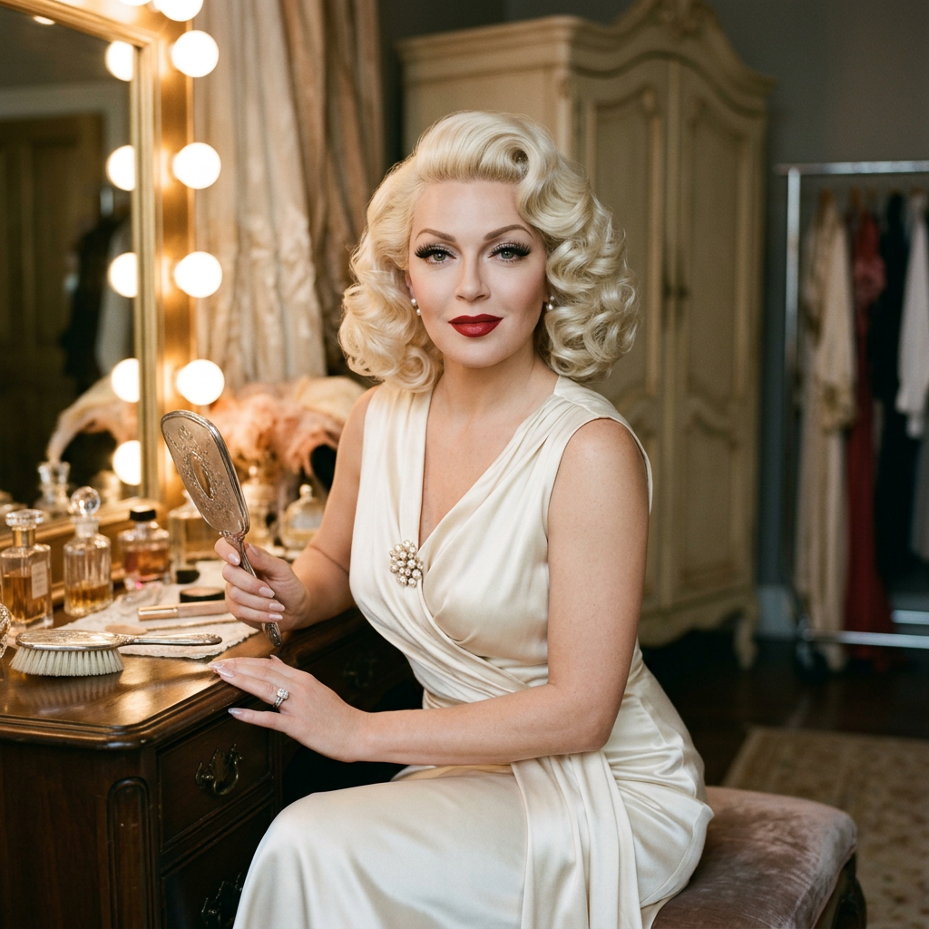 Woman in a white dress holding a hand mirror beside a lit vanity