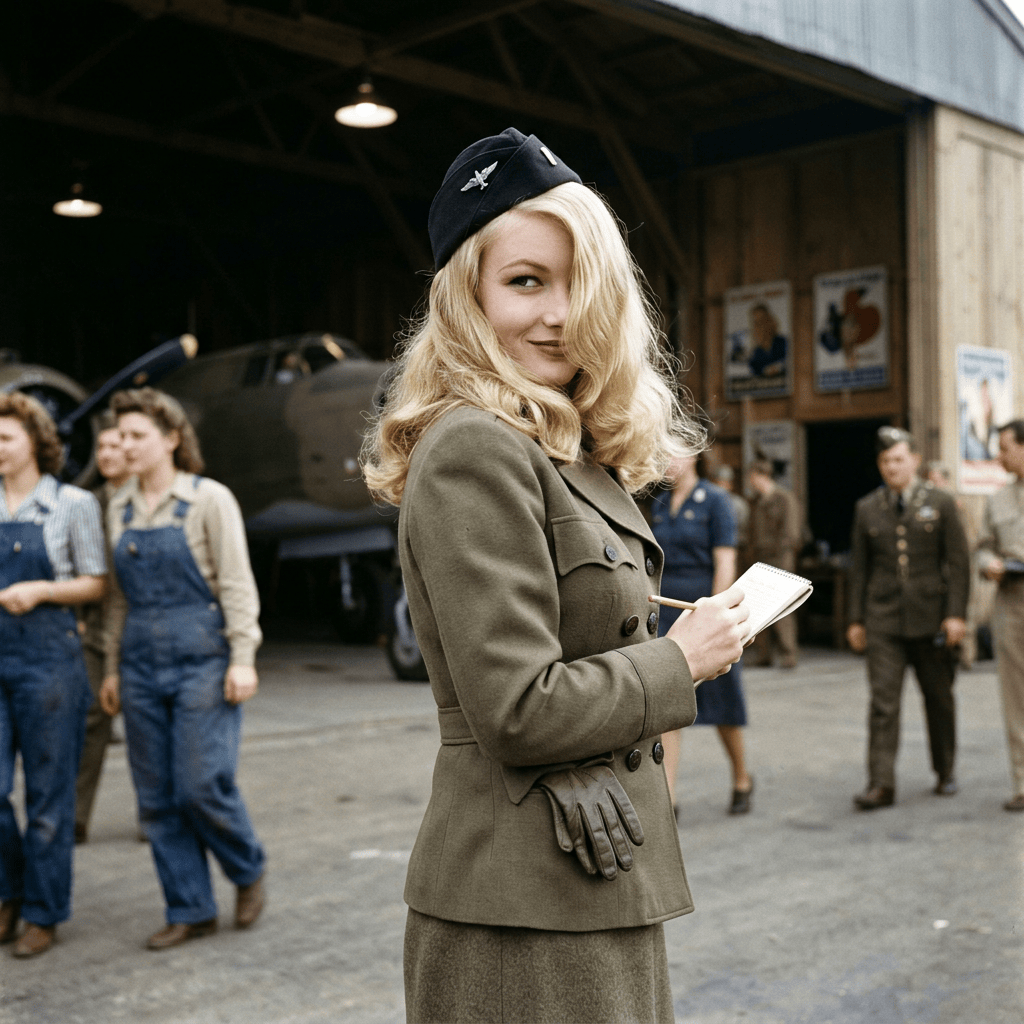 Blonde wartime reporter holding a notebook outside a factory