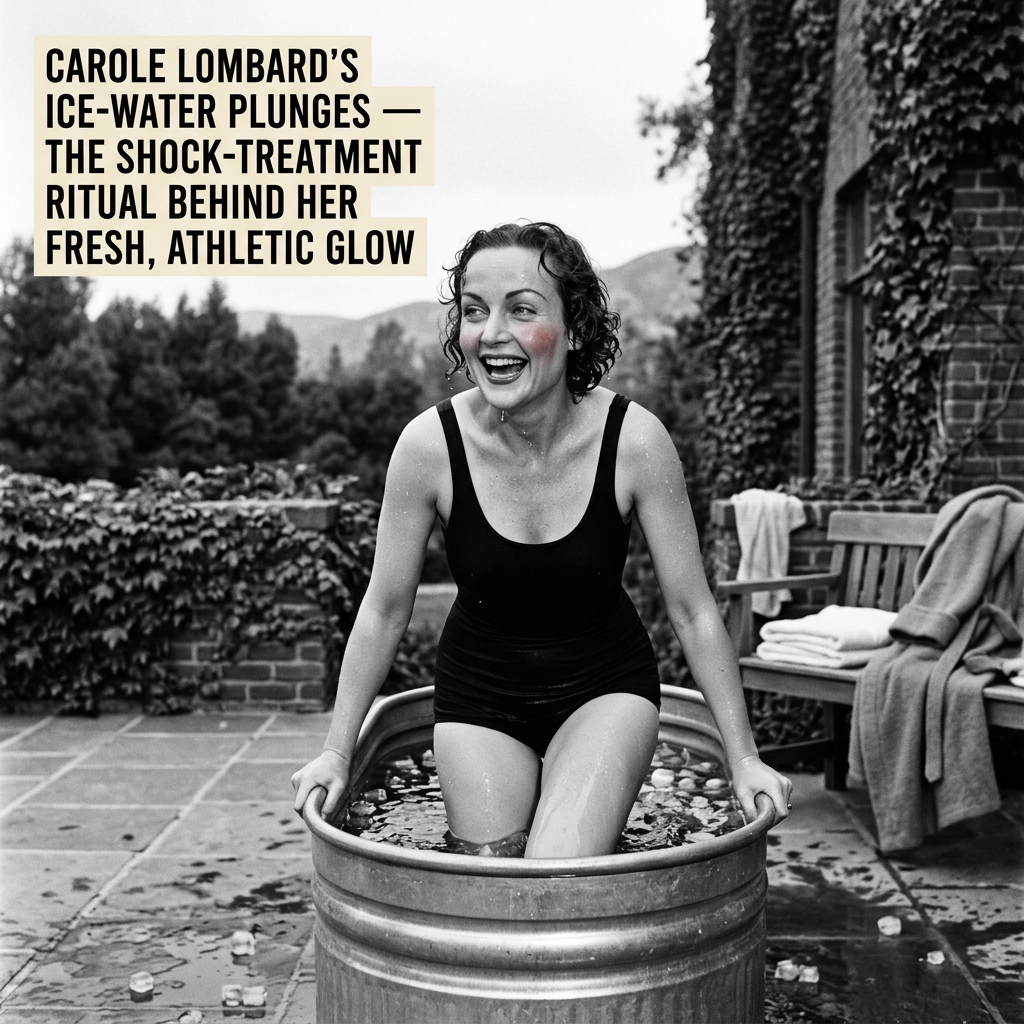 Carole Lombard seated in an ice-water barrel beside a garden patio