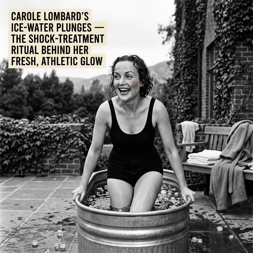 Carole Lombard seated in an ice-water barrel beside a garden patio
