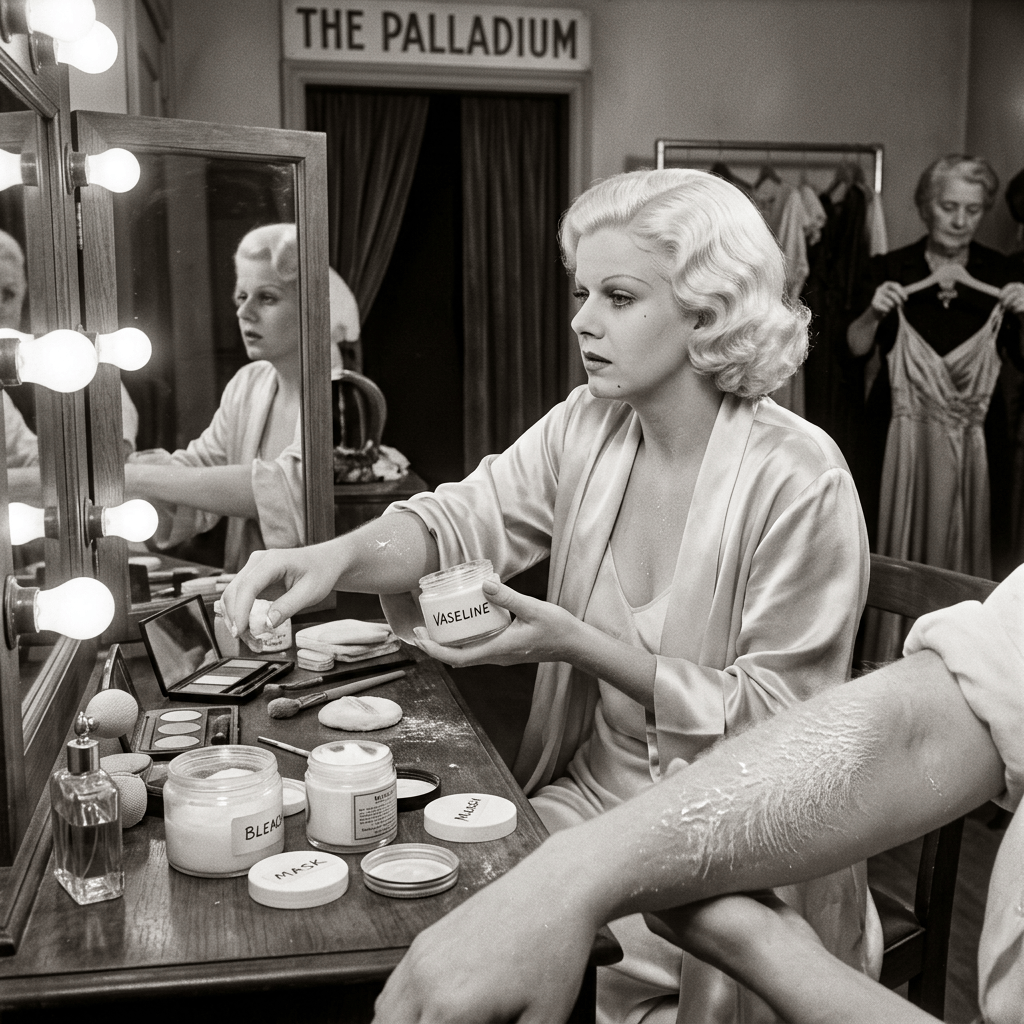 Performer applying makeup backstage beneath THE PALLADIUM sign, holding Vaseline