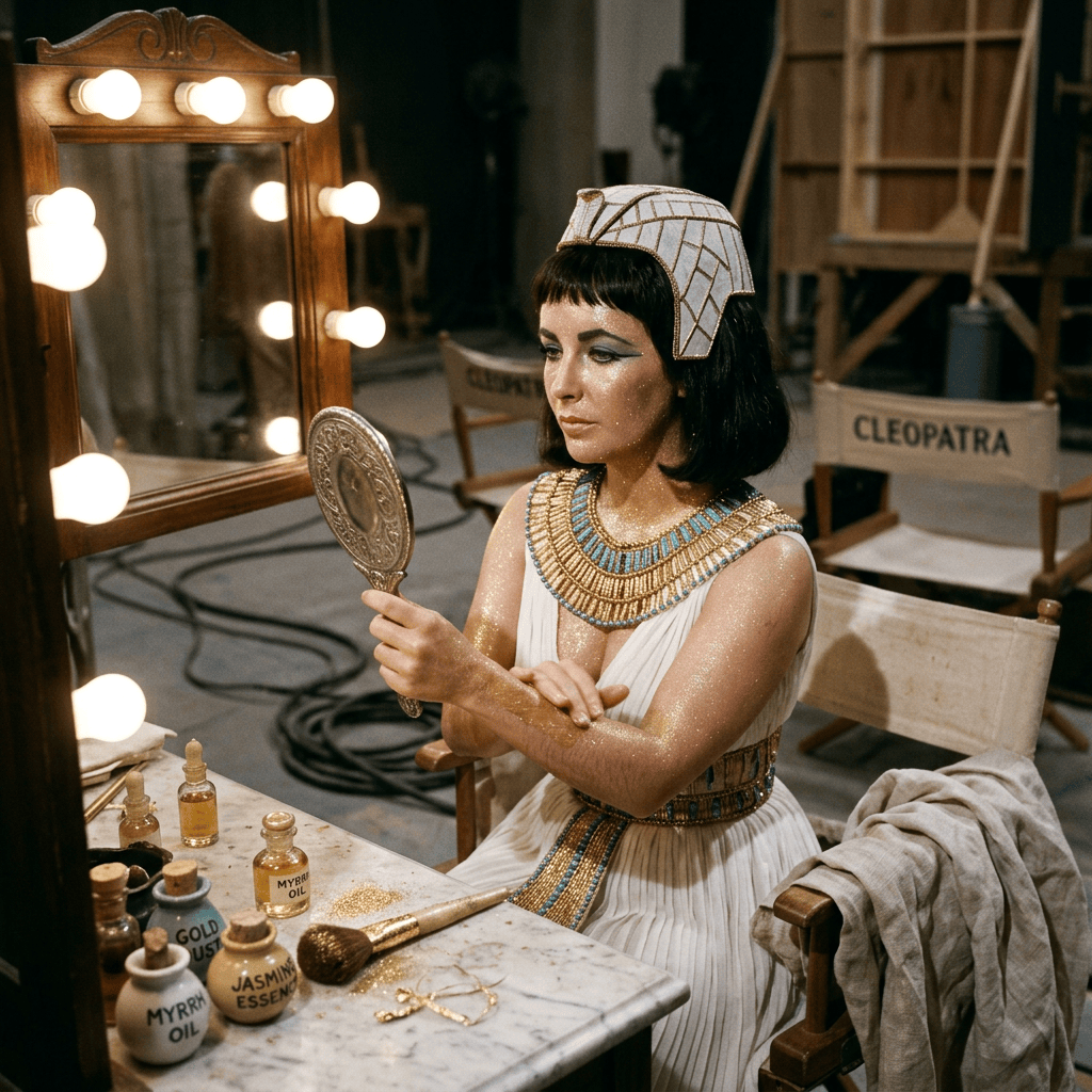 Actor portraying Cleopatra applies makeup beside a mirror; chair reads CLEOPATRA.