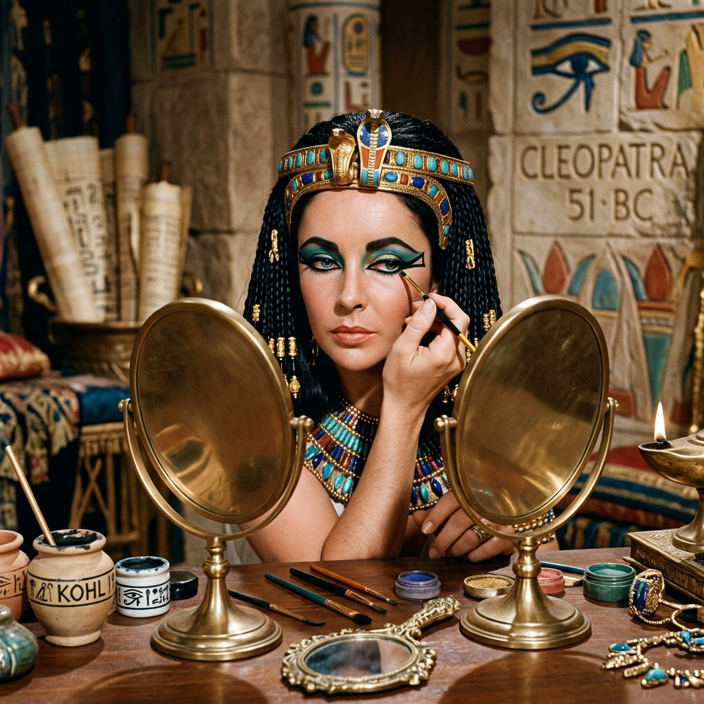 Woman in Egyptian costume applying kohl eyeliner before two mirrors