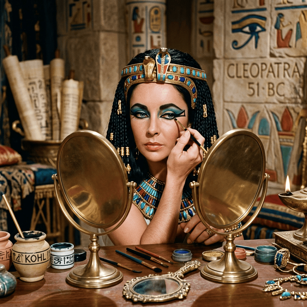 Woman in Egyptian costume applying kohl eyeliner before two mirrors