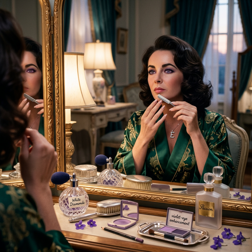 Woman at vanity with labels White Diamond, Passion, and violet-eye enhancement