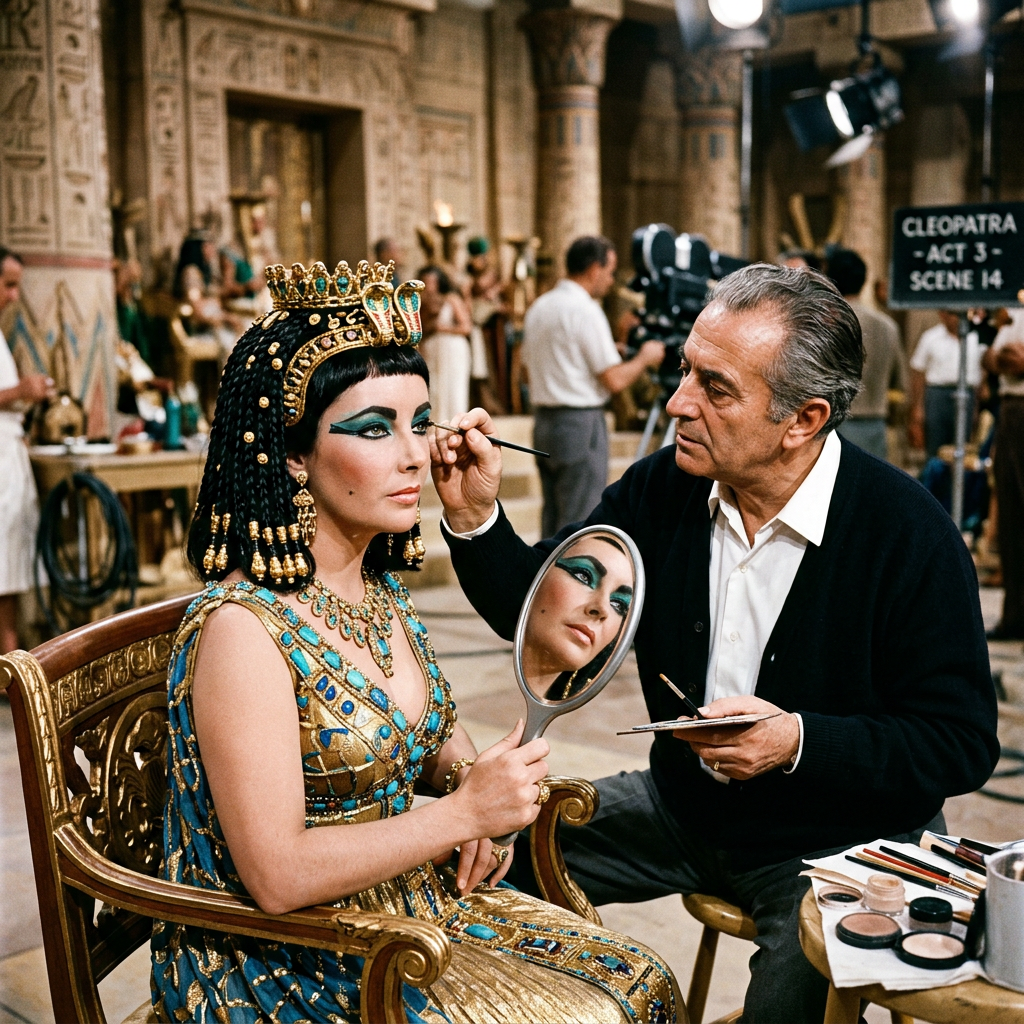 Actress dressed as Cleopatra receives makeup beside a sign reading CLEOPATRA ACT 3 SCENE 14