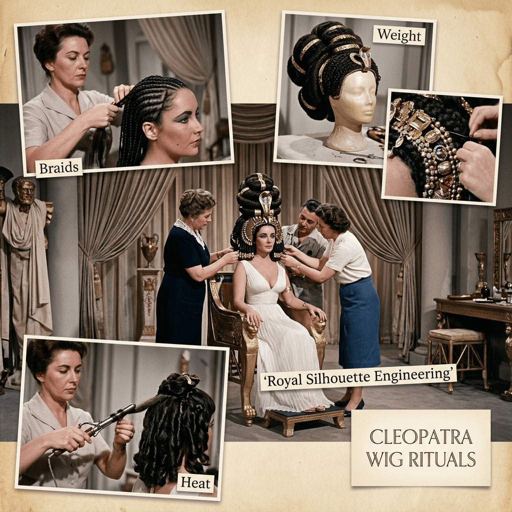 Collage labeled “Braids,” “Weight,” “Heat,” “Royal Silhouette Engineering,” and “CLEOPATRA WIG VIRTUALS,” showing wig styling and decoration.