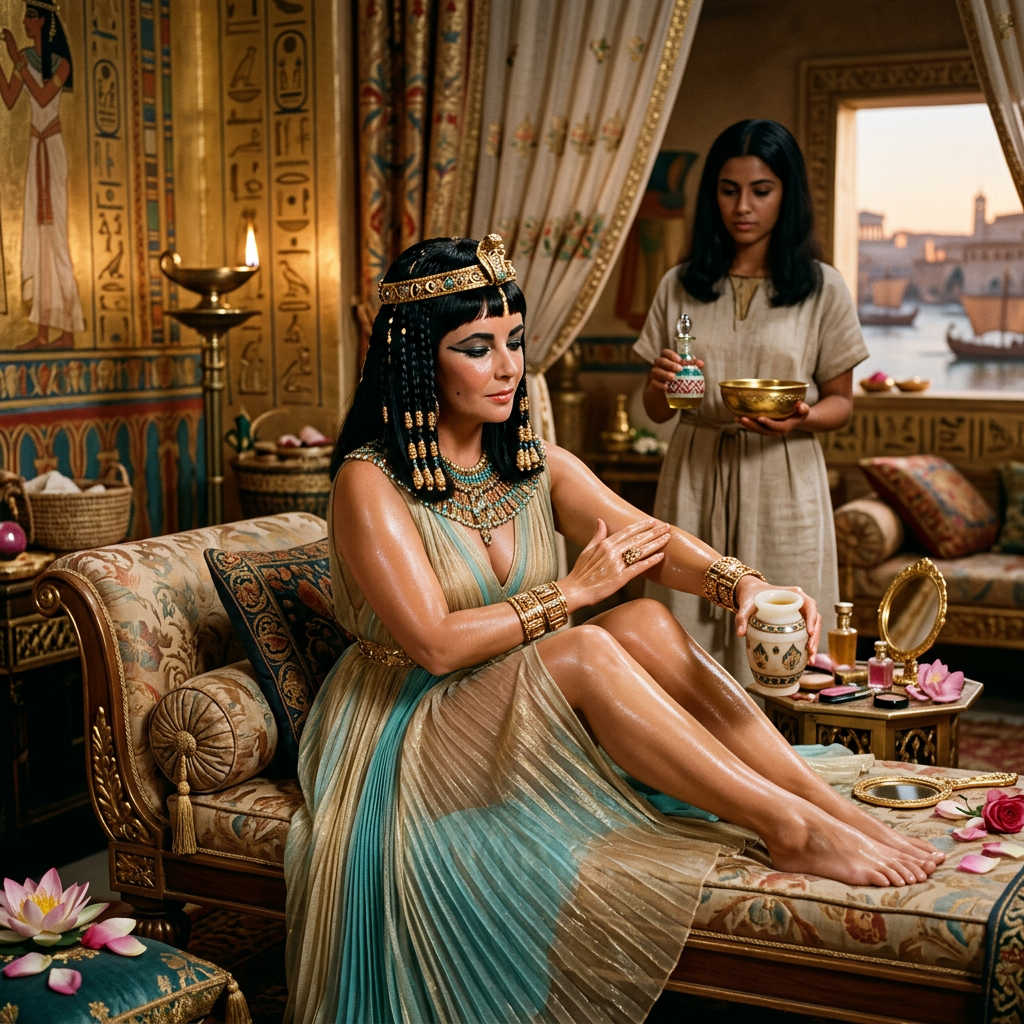 Woman in Egyptian-inspired attire receiving beauty preparations in an ornate room