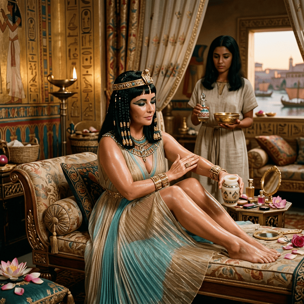 Woman in Egyptian-inspired attire receiving beauty preparations in an ornate room
