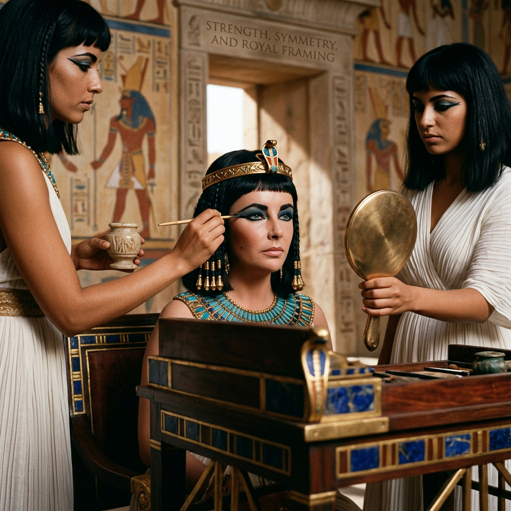 Three women in Egyptian dress; sign reads “STRENGTH, SYMMETRY AND ROYAL FRAMING.”
