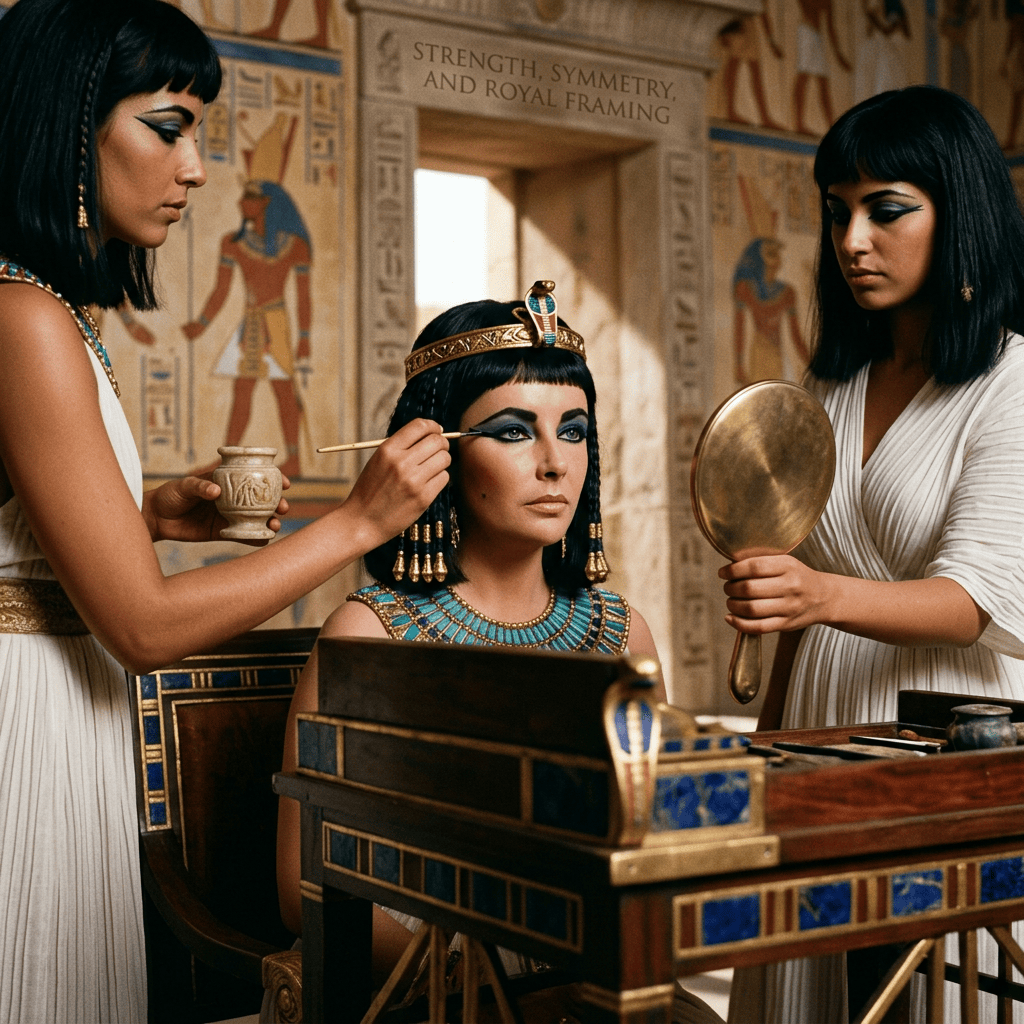 Three women in Egyptian dress; sign reads “STRENGTH, SYMMETRY AND ROYAL FRAMING.”