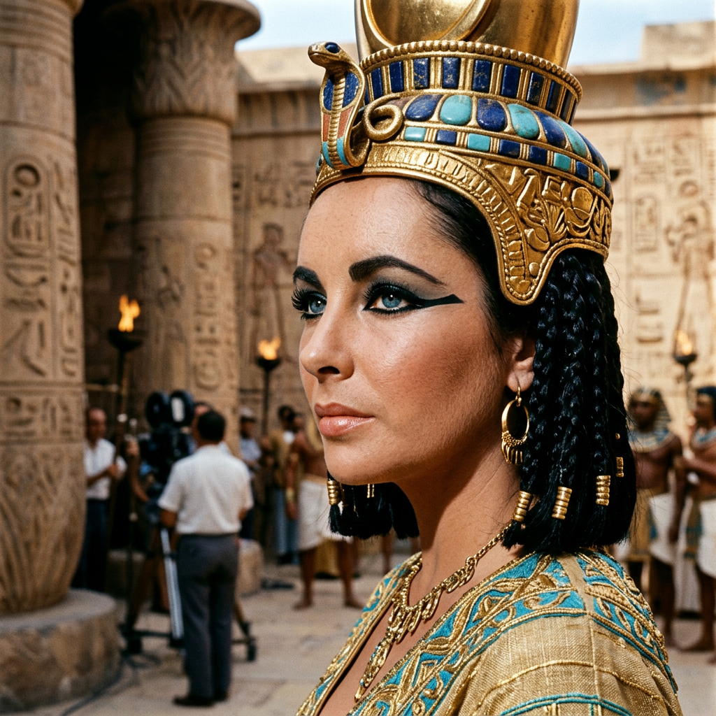 Woman dressed as an Egyptian queen among hieroglyph-covered temple columns