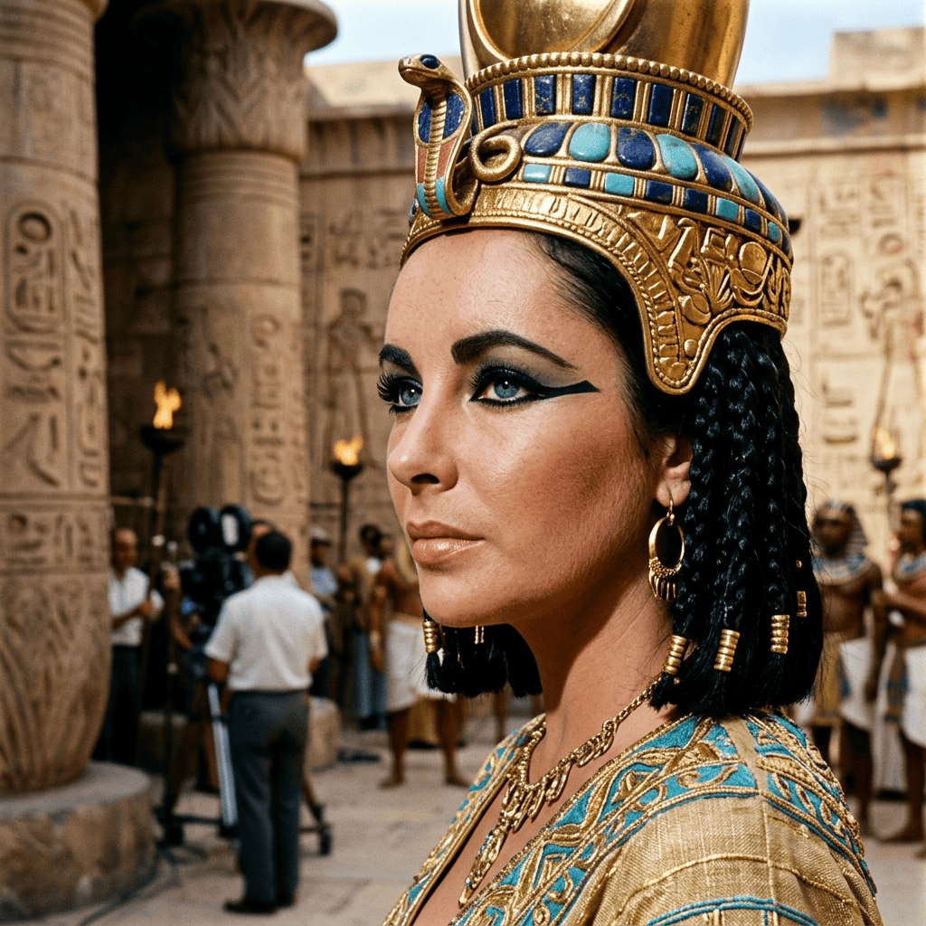 Woman dressed as an Egyptian queen among hieroglyph-covered temple columns