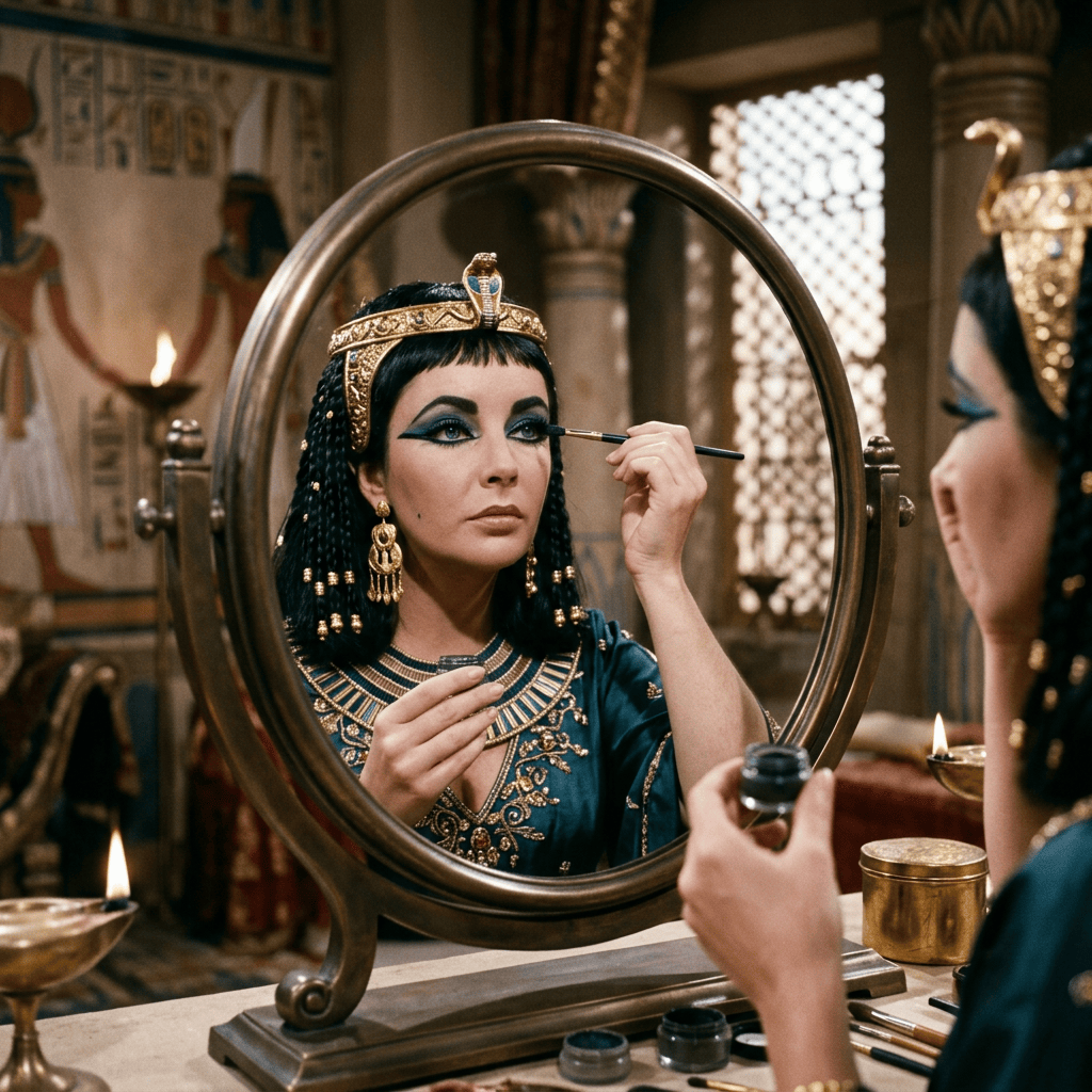 Woman applying eyeliner while dressed in Egyptian-inspired clothing before a mirror