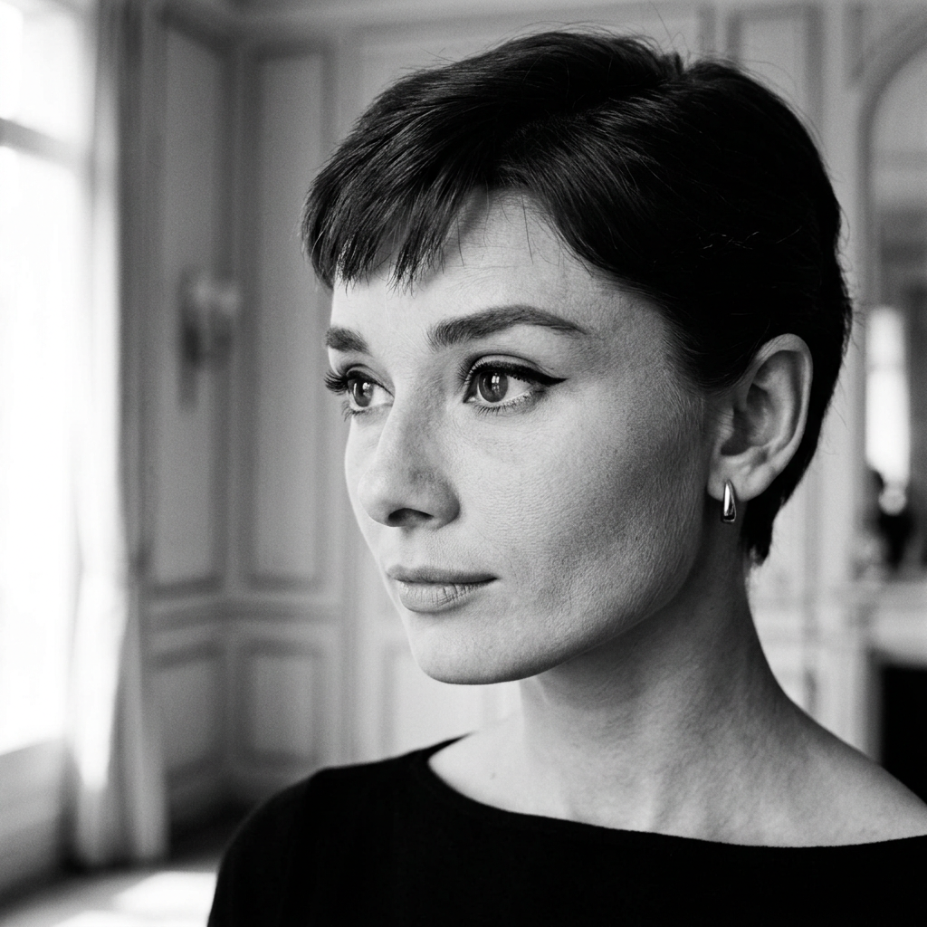 Black-and-white close-up portrait of a woman gazing toward a window