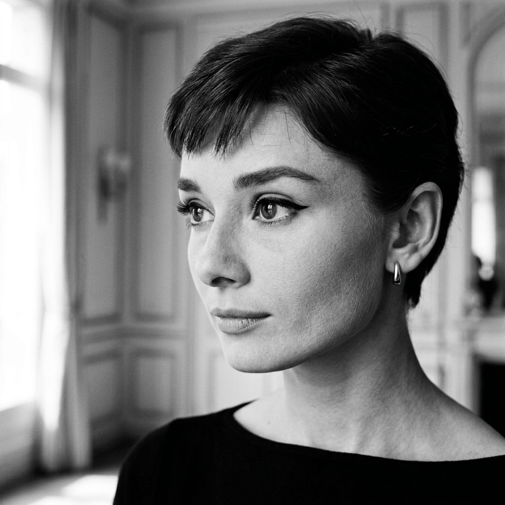 Black-and-white close-up portrait of a woman gazing toward a window