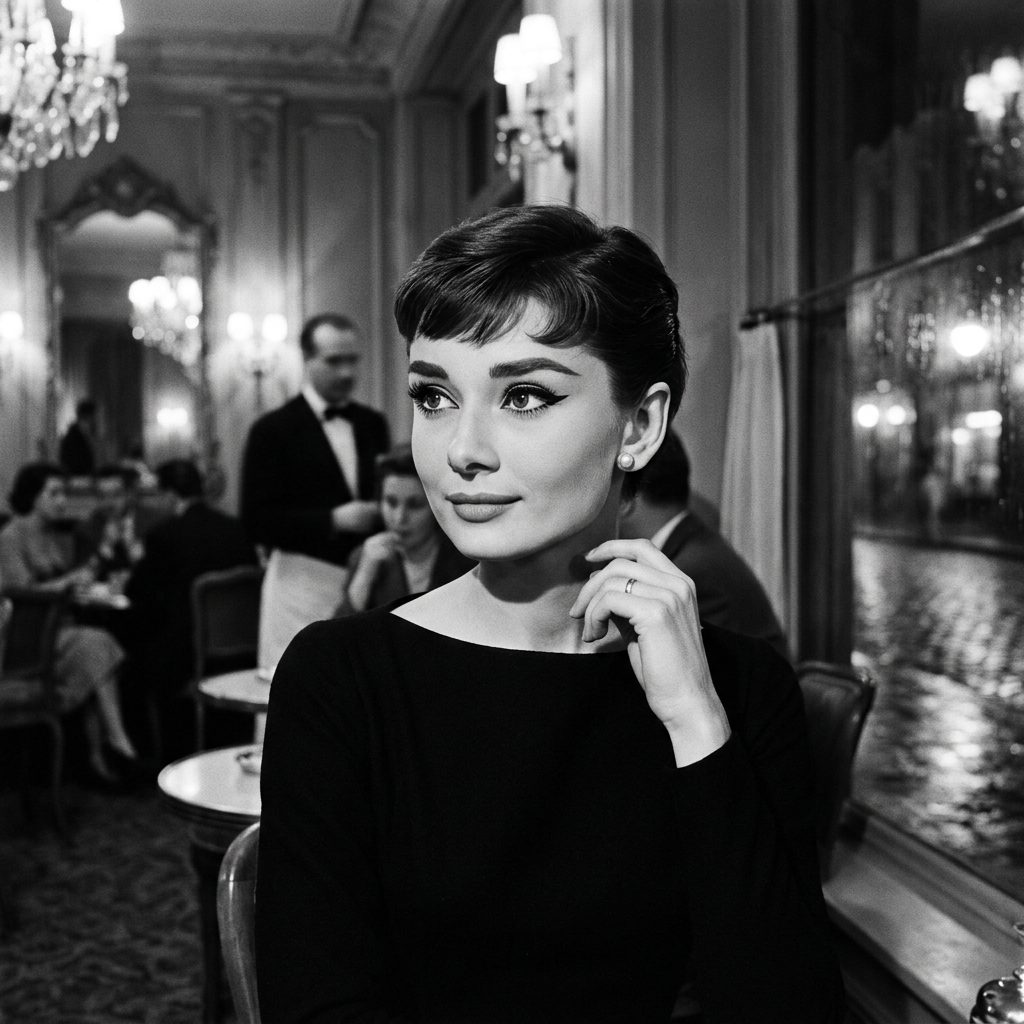 Woman in black dress seated in an elegant café