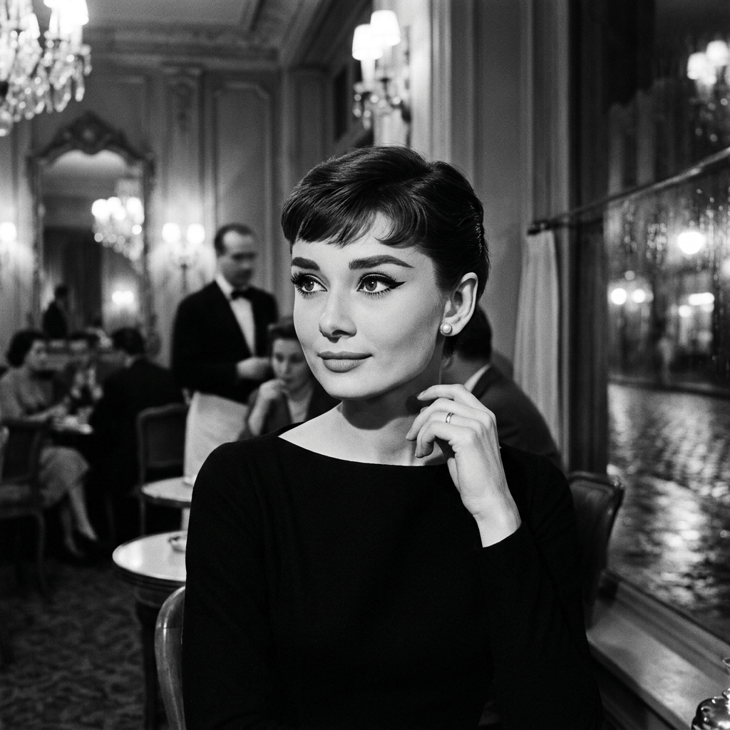 Woman in black dress seated in an elegant café