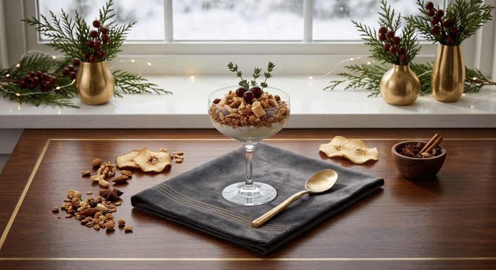 Layered apple yogurt parfait topped with granola, nuts, and rosemary