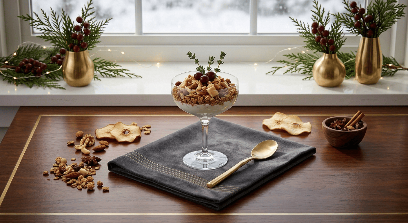 Layered apple yogurt parfait topped with granola, nuts, and rosemary