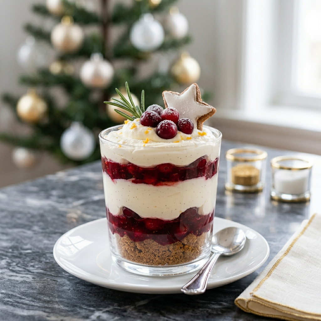 Layered cranberry and cream dessert topped with berries and star cookie