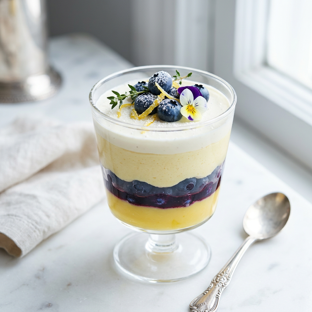 Layered blueberry lemon dessert topped with berries and edible flowers
