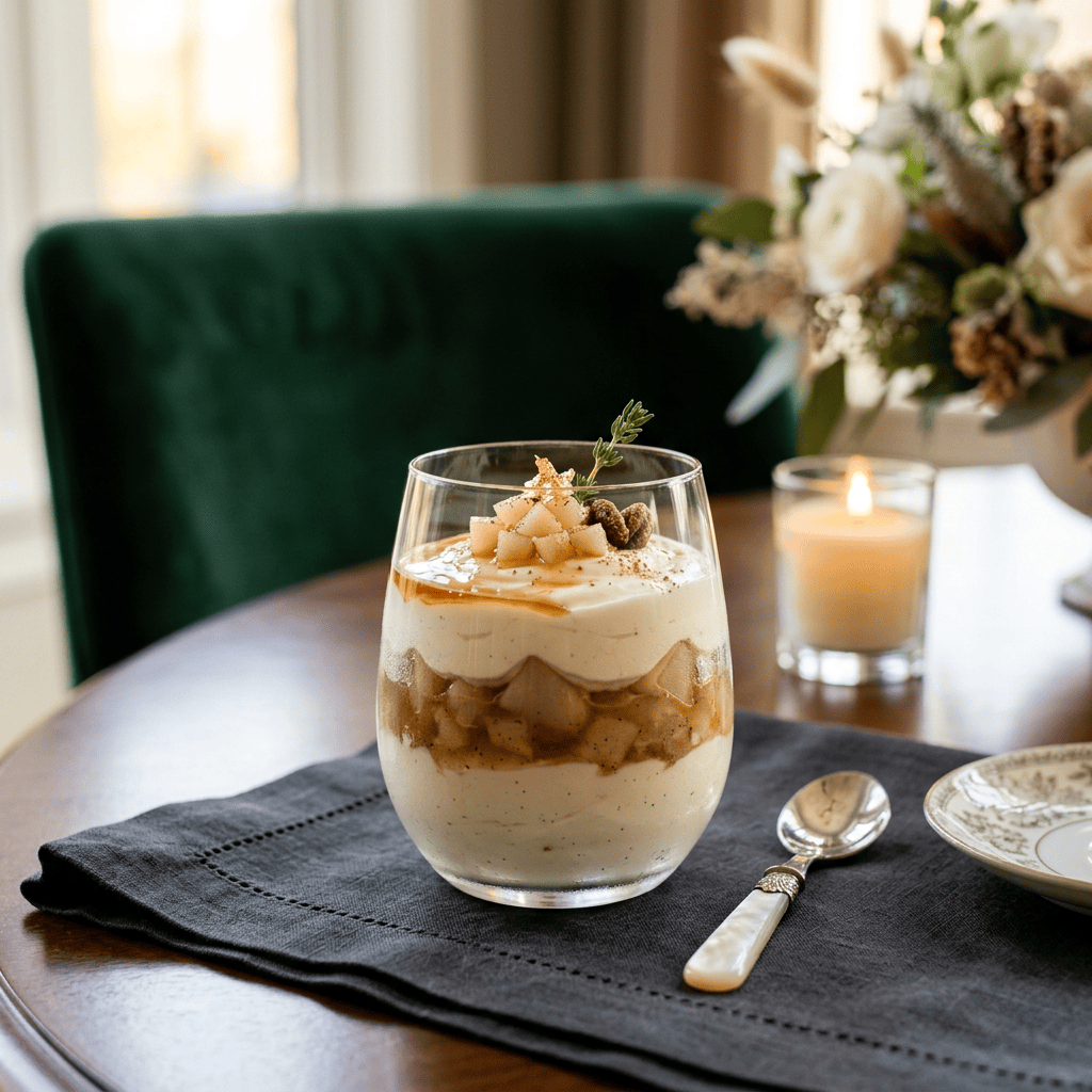 Layered pear and cream dessert topped with diced pears and rosemary