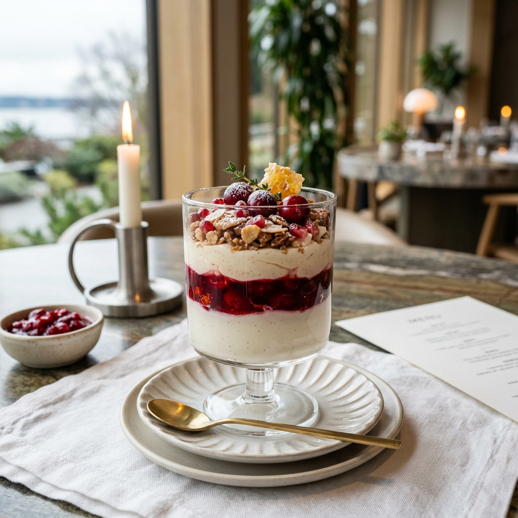 Layered berry parfait topped with granola, fruit, and powdered sugar