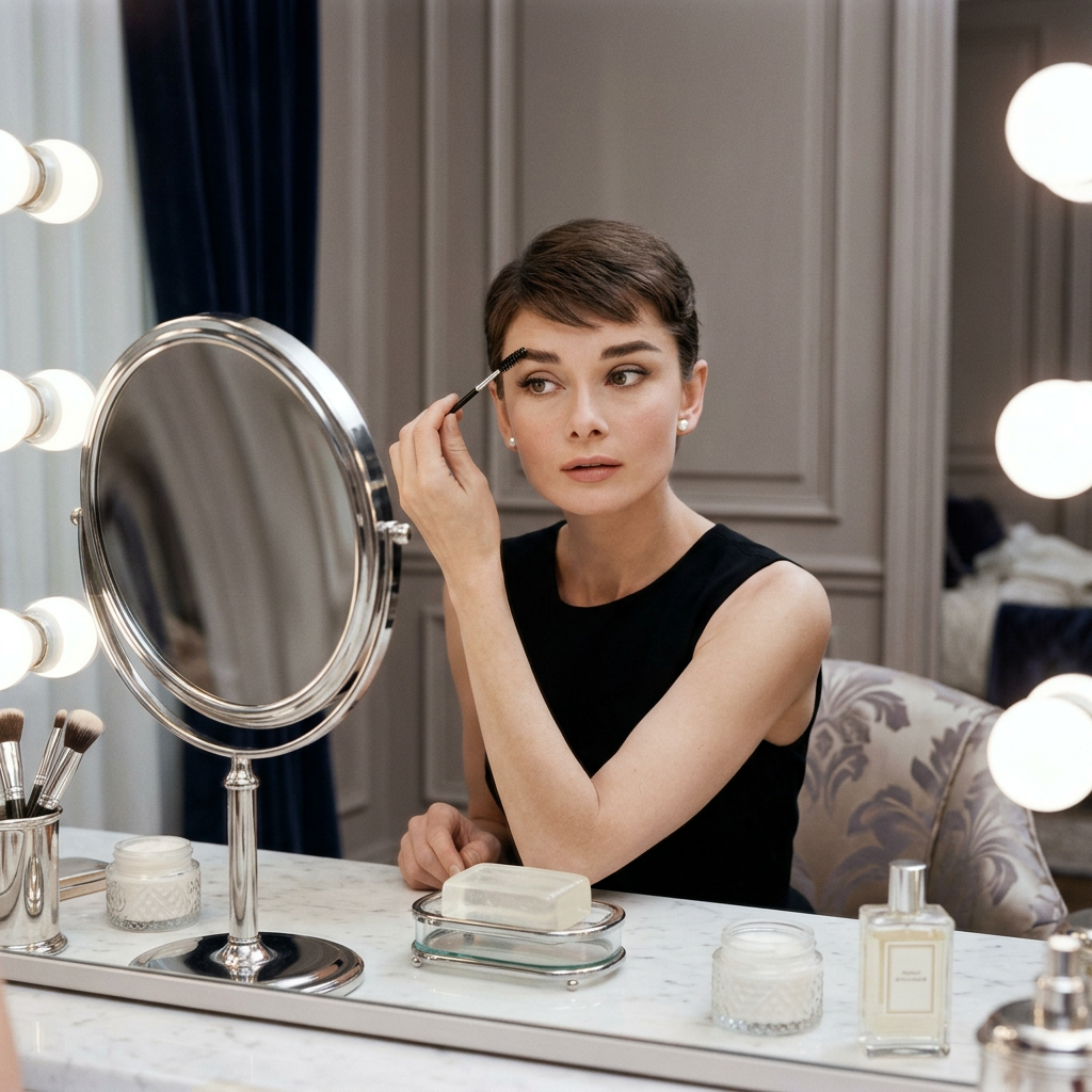 Woman applying mascara while seated at a lit vanity mirror