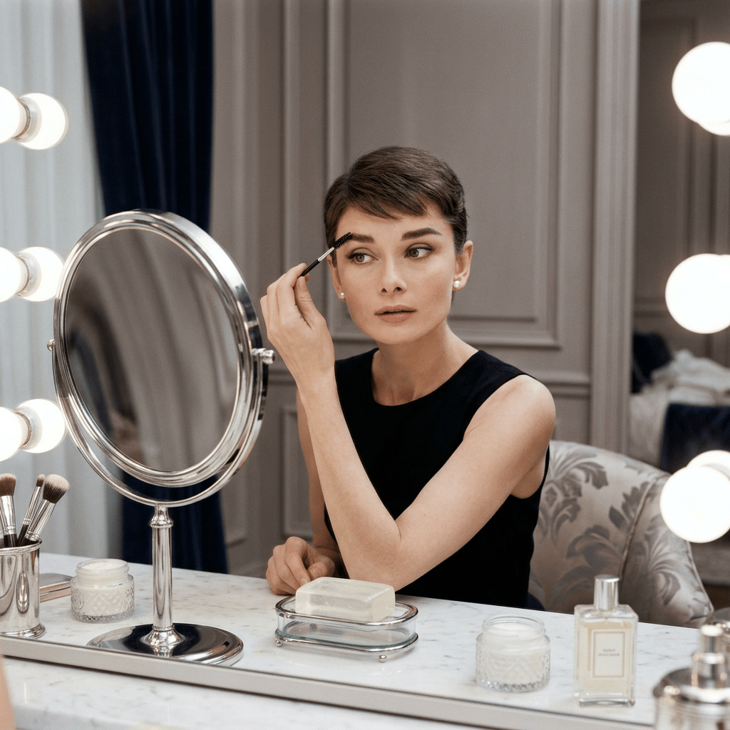 Woman applying mascara while seated at a lit vanity mirror