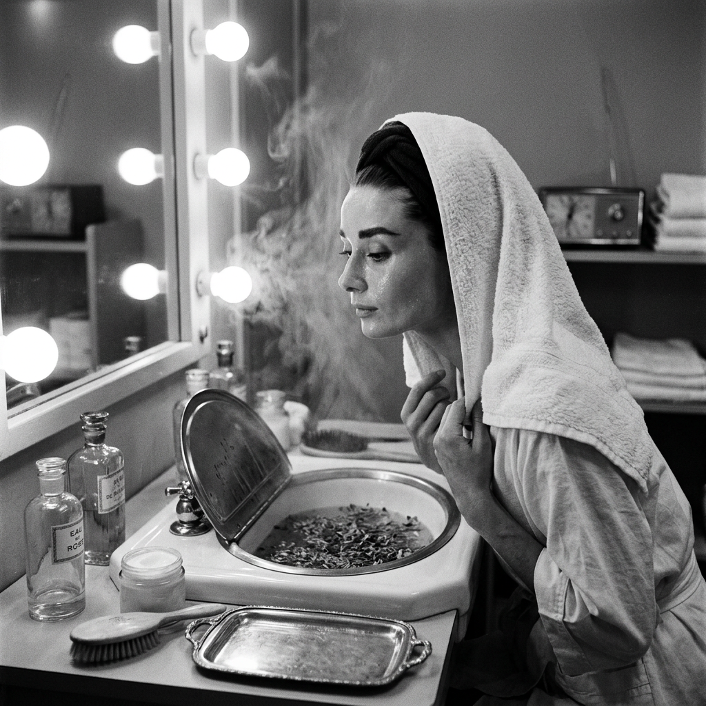 Woman with a towel over her head at a lit dressing-room sink