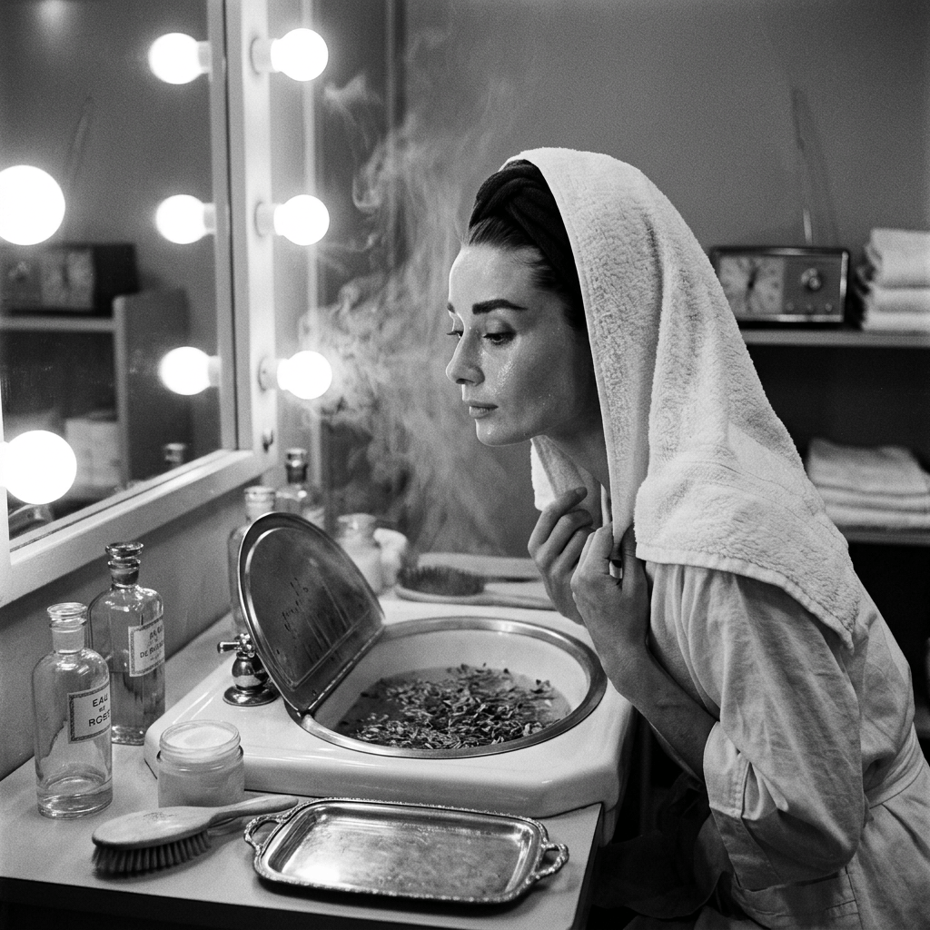Woman with a towel over her head at a lit dressing-room sink