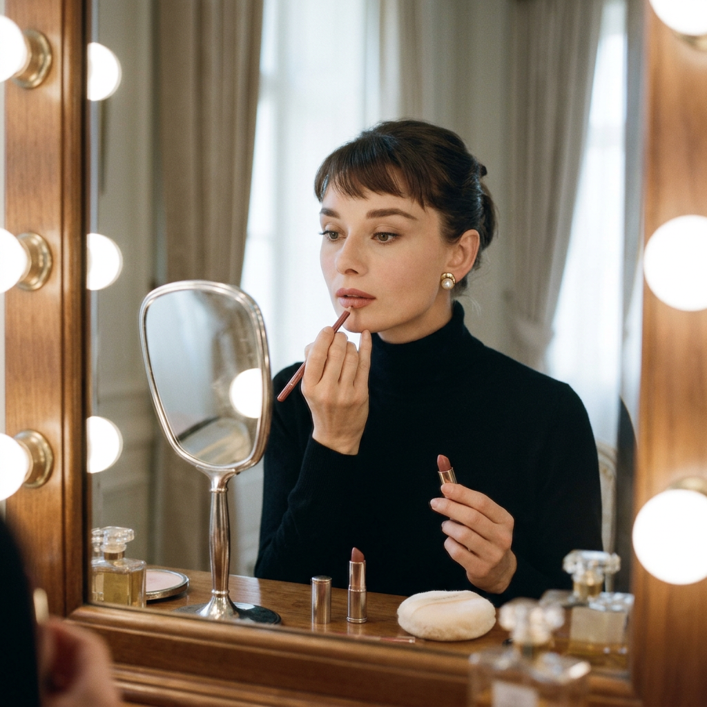 Woman applying lipstick at a lighted dressing-room vanity