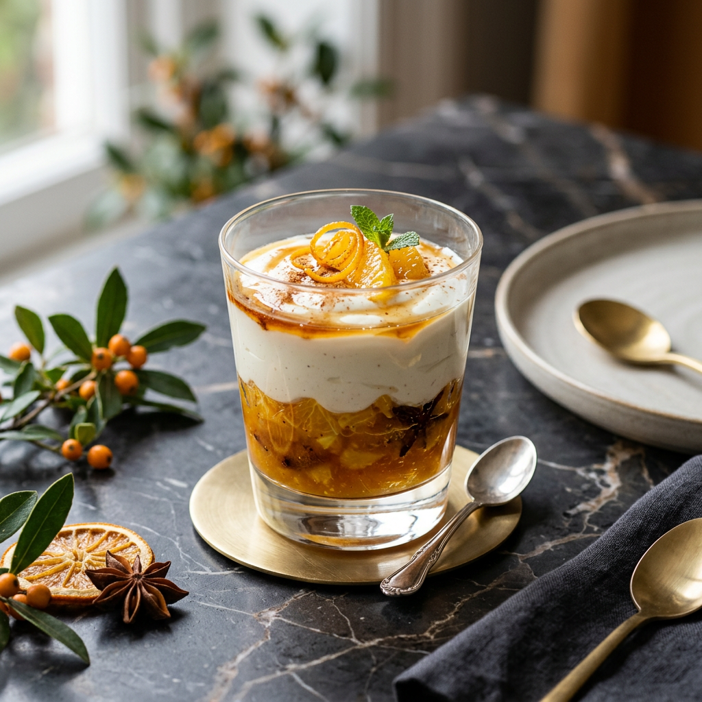 Layered citrus dessert topped with cream, orange peel, and mint