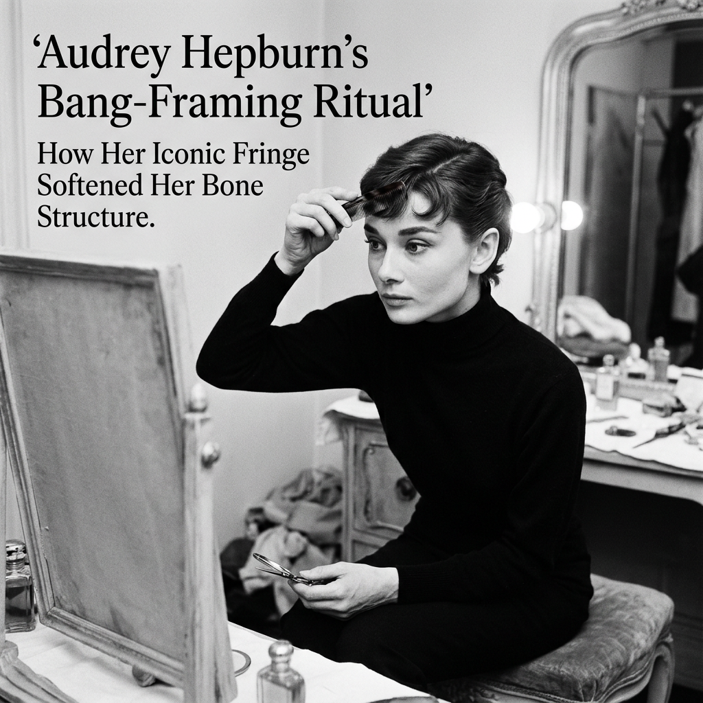 Text reads “Audrey Hepburn’s Bang-Framing Ritual” and “How Her Iconic Fringe Softened Her Bone Structure,” beside Audrey Hepburn combing her bangs at a vanity.