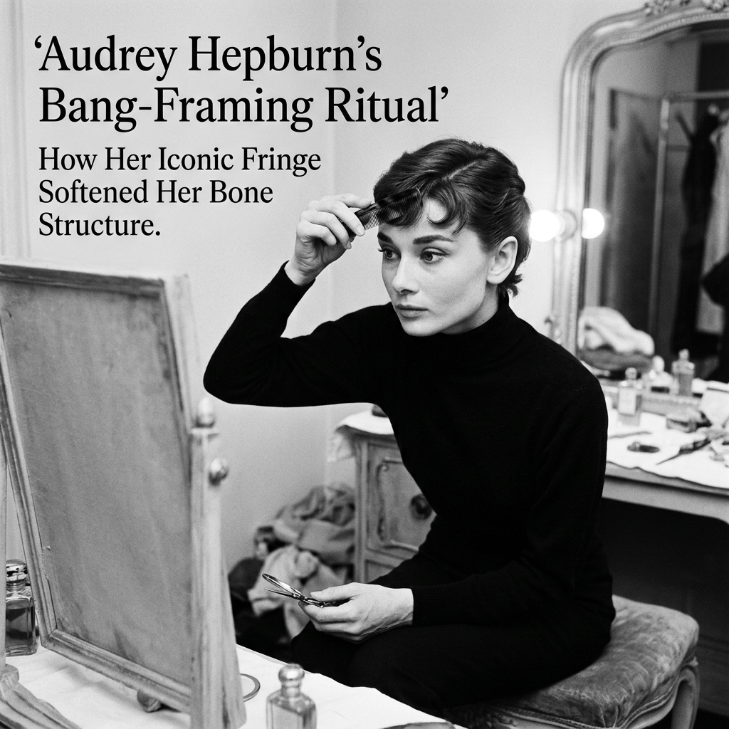 Text reads “Audrey Hepburn’s Bang-Framing Ritual” and “How Her Iconic Fringe Softened Her Bone Structure,” beside Audrey Hepburn combing her bangs at a vanity.