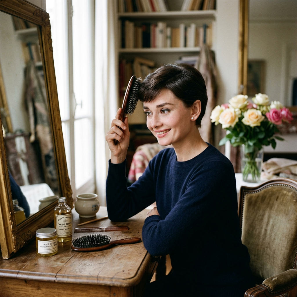 Woman brushing her short hair at a dressing table
