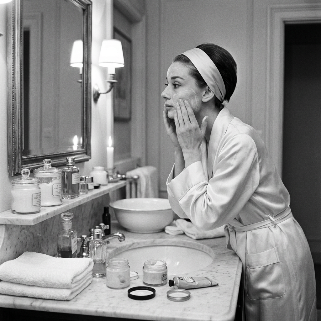 Woman applying skincare while looking into a bathroom mirror