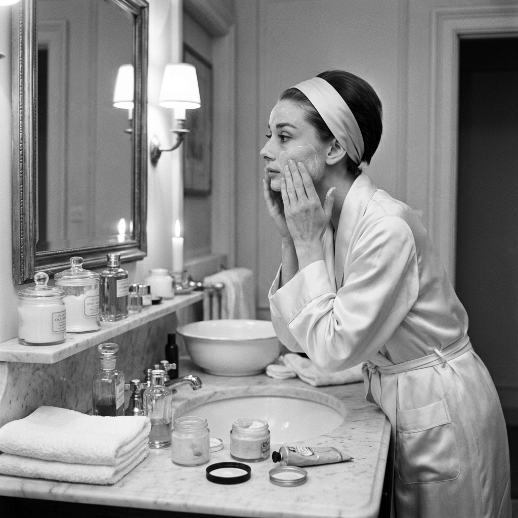Woman applying skincare while looking into a bathroom mirror