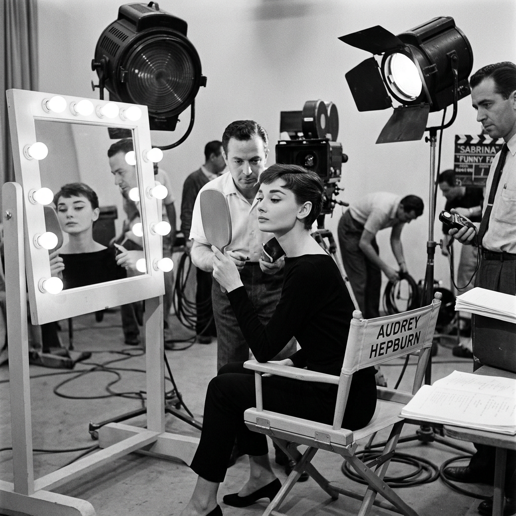 Audrey Hepburn seated in makeup chair; visible text: AUDREY HEPBURN and SABRINA.