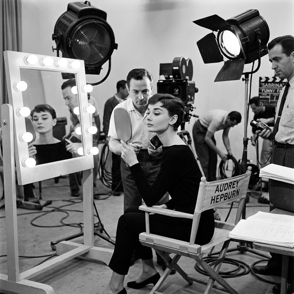 Audrey Hepburn seated in makeup chair; visible text: AUDREY HEPBURN and SABRINA.