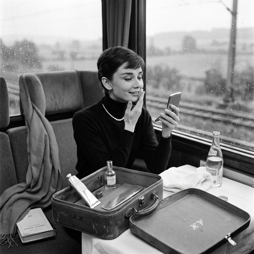 Woman applying makeup on a train beside an open cosmetics case