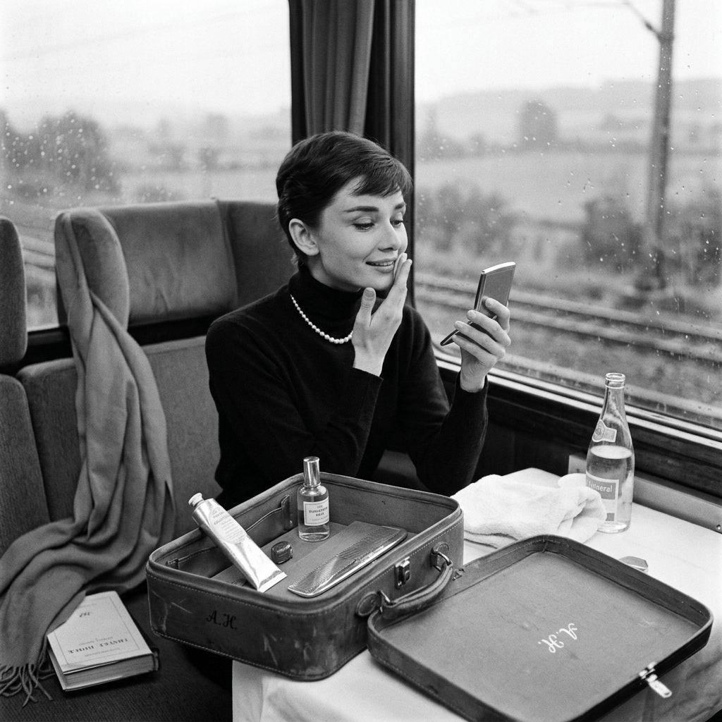 Woman applying makeup on a train beside an open cosmetics case