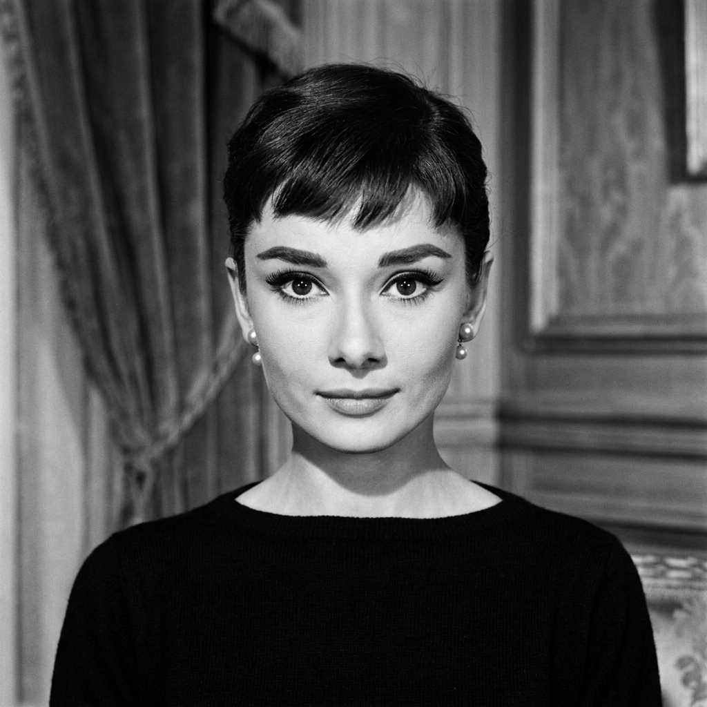 Woman with short dark hair wearing pearl earrings and a black top