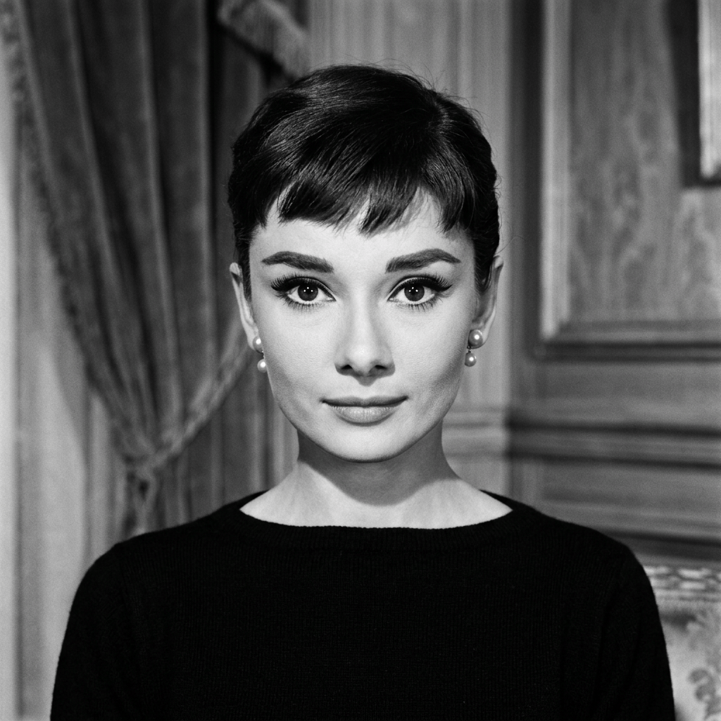 Woman with short dark hair wearing pearl earrings and a black top