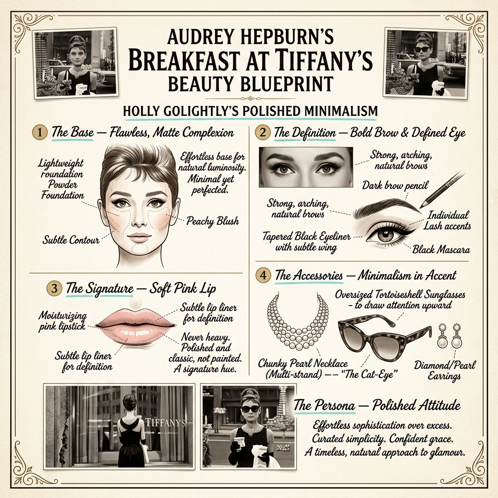 Infographic titled Audrey Hepburn’s Breakfast at Tiffany’s Beauty Blueprint, outlining Holly Golightly’s makeup and accessories.