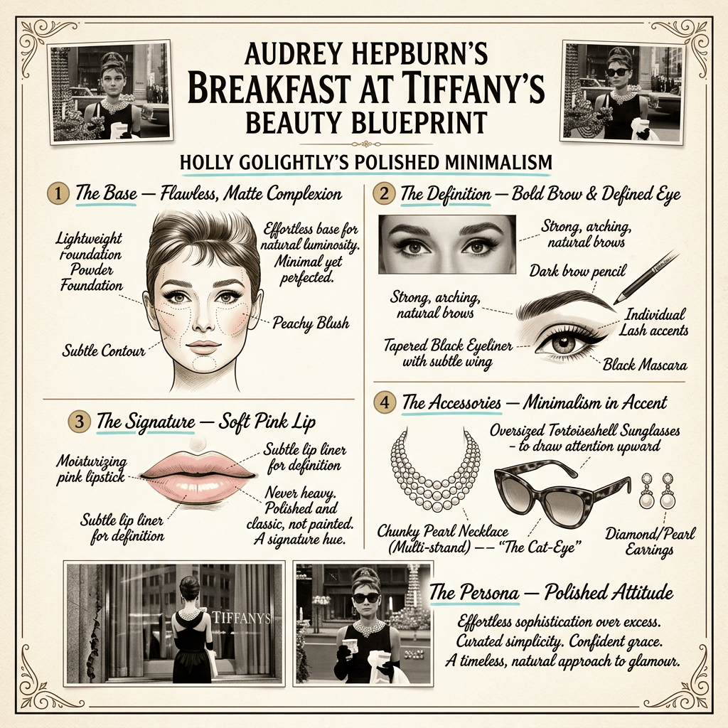 Infographic titled Audrey Hepburn’s Breakfast at Tiffany’s Beauty Blueprint, outlining Holly Golightly’s makeup and accessories.